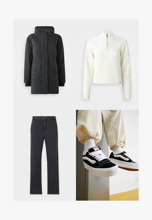 Must have veekindel must parka jakk, millel on lukuga eesmine osa, kõrge krae, kaks esist taskut ja elastsed varrukad. Sile tekstuur, soe isoleeriva disainiga.; Valge, tõmbluku kaelusega soe sviiter pika varrukaga. Valmistatud pehmest kudumist, millel on soonikkoes mansetid ja alläär. Diskreetne brändi logo allääres.; Sirged mustad teksad esiküljel nööbi ja tõmblukuga, vööaasadega ning klassikalise viie tasku disainiga, paigutatud valgel taustal.; Isik, kes kannab mustvalgeid Vansi tossusid valgete paelte, valgete sokkide ja beežide elastsete mansettidega pükstega.