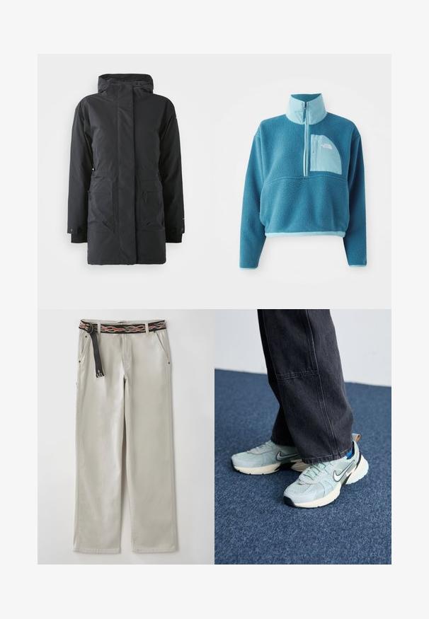 Zwarte waterdichte parka-jas met een rits aan de voorkant, hoge kraag, twee voorzakken en elastische manchetten. Glad textuur, warm isolatiedesign.; Blauwe fleece pullover met een gedeeltelijke rits, hoge kraag en een voorkantzak. Accentuated met een lichterblauwe trim en een textuur van stof.; Lichtgrijze wijde broek met een zwarte riem met oranje vlampatronen. Gemaakt van katoen, met zijzakken en een ontspannen silhouet.; Lichtblauwe Nike sneakers van mesh met een textuurafwerking, zwarte swoosh en crèmekleurige tussenzool, gecombineerd met donkergrijze wijde broek.