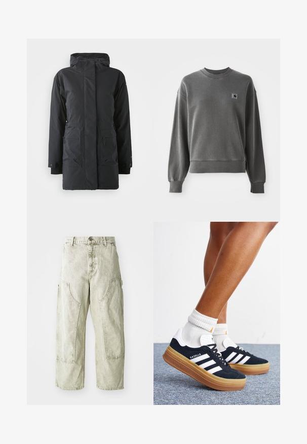Sort vandtæt parka-jakke med lynlås foran, høj krave, to frontlommer og elastiske manchetter. Glat tekstur, varm isoleringsdesign.; Grå pullover sweatshirt lavet af glat bomuldsblanding, med rund hals, ribbede manchetter og et lille logopatch på venstre bryst.; Lys grønne capribukser i cargo-stil lavet af denim, med store sidelommer, knap- og lynlåslukning samt synlige syninger.; Ben iført hvide sokker og sorte Adidas Gazelle sneakers med hvide striber og tykke brune såler på et gråt tæppe.