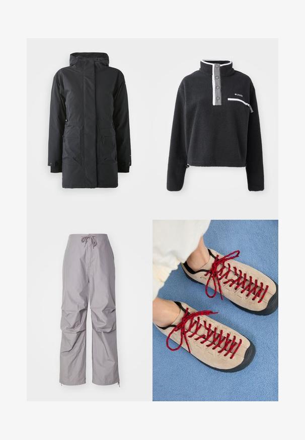 Sort vandtæt parka-jakke med lynlås foran, høj krave, to frontlommer og elastiske manchetter. Glat tekstur, varm isoleringsdesign.; Sort fleece pullover med halv lynlås krave, der har en brystlomme og kontrasterende hvide og grå detaljer. Blød tekstur, cropped design.; Grå, løstsiddende bukser lavet af letvægtigt stof, med snøre i taljen og tapered ærmer med lynlåse. Tekstureret finish.; Beige sko med røde snørebånd, placeret på en blå tekstureret overflade, delvist synliggørende en persons ankel. Skoene har et sporty design.