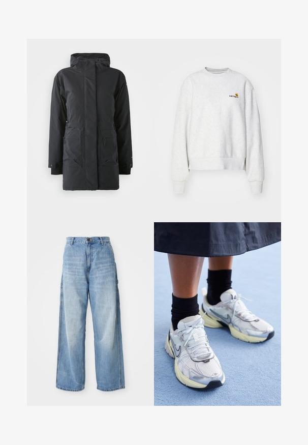 Zwarte waterdichte parka-jas met een rits aan de voorkant, hoge kraag, twee voorzakken en elastische manchetten. Glad textuur, warm isolatiedesign.; Grijze crewneck sweatshirt van een zachte stof met geribbelde manchetten en onderrand; voorzien van een geborduurd logo op de borst in geel en bordeauxrood.; Lichtblauwe wijde jeans met een hoge taille, voorzien van zijzakken en een vervaagde textuur, vervaardigd uit denim materiaal.; Witte en zilveren Nike sneakers van meshstof, met reflecterende accenten en een beige zool. Gedragen met zwarte sokken, staand op een blauwe ondergrond.