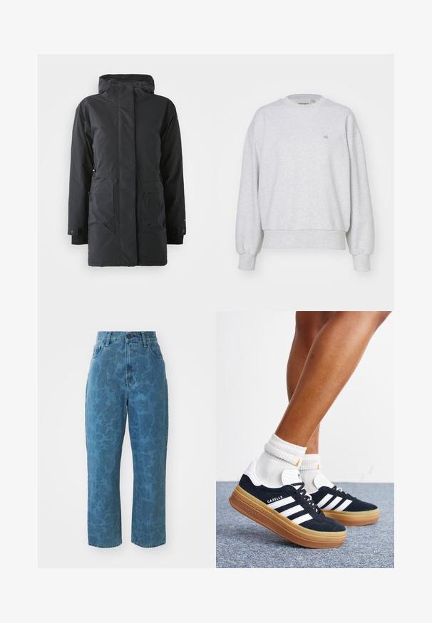 Schwarze wasserfeste Parka-Jacke mit Reißverschluss vorne, hohem Kragen, zwei Fronttaschen und elastischen Bündchen. Glatte Textur, wärmendes Isolationsdesign.; Carhartt WIP CASEY - Sweatshirt - ash heather/silver; Hellblaue Jeans aus Denim mit subtiler gemusterter Textur, hoher Taille und geradem Bein. Mit einem vorderen Knopf- und Reißverschluss.; Beine mit weißen Socken und schwarzen Adidas Gazelle Sneakers mit weißen Streifen und dicken braunen Sohlen auf einem grauen Teppichboden.