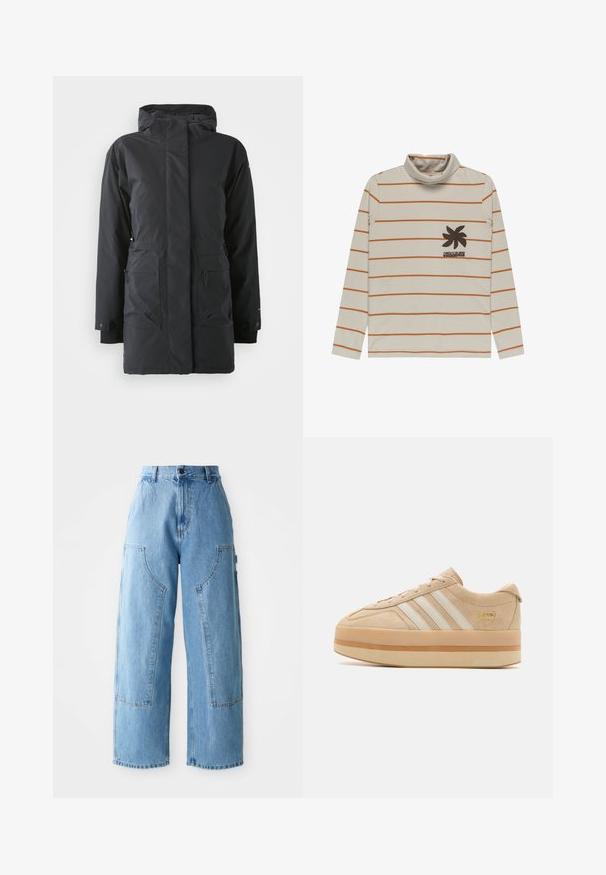 Sort vandtæt parka-jakke med lynlås foran, høj krave, to frontlommer og elastiske manchetter. Glat tekstur, varm isoleringsdesign.; Cremefarvet langærmet turtleneck bluse med orange horisontale striber og et palmetræsgrafik i mørkebrune nuancer på venstre bryst. Blødt stof.; Lysblå højtaljede brede denim bukser med store frontlomme og synlige stikninger på en hvid baggrund.; Beige ruskindsplatform sneakers med hvide tre striber, rund tå og beige gummisål med en guld logo accent på siden.