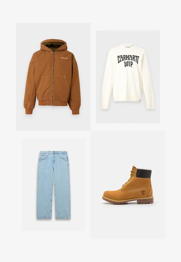 Hnedé zipsové mikina s podšitým kapucňou, prednými vreckami, rebrovanými manžetami a kontrastným šitím. Logo Timberland na hrudi.; Svetlobéžový sveter s dlhým rukávom a okrúhlym výstrihom, s čiernym nápisom „CARHARTT WIP“ na hrudi a malou značkovou etiketu v spodnom leme.; Svetlomodré denim nohavice so strihom priamo do nohy, so zapínaním na gombík, piatimi vreckami a jemnými ševovými detailmi.; Hnedé kožené ankle boot s kovovými očkami, bielym kožúškom vo vnútri, čiernym vypolstrovaným golierom, robustnou podrážkou a vyrazeným logom na boku.