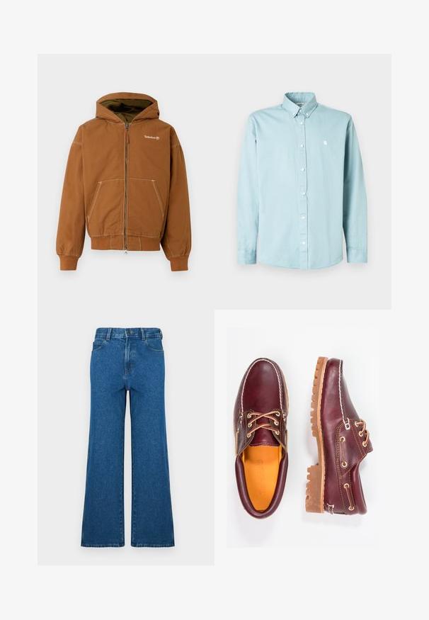 Haut à capuche zippé marron avec une capuche doublée, poches avant, poignets côtelés et coutures contrastées. Logo Timberland sur la poitrine.; Chemise bleu clair à manches longues avec boutons, en coton, dotée d'un col classique, de boutons blancs et d'un petit logo sur la poitrine.; Jean à jambes larges en denim bleu. Présente un design classique à cinq poches, une fermeture par bouton et une texture délavée. Ourlet droit avec des détails de couture subtils.; Chaussures en cuir bourgogne avec semelles en caoutchouc marron, bout rond, couture blanche et œillets dorés. L'intérieur présente une doublure jaune.