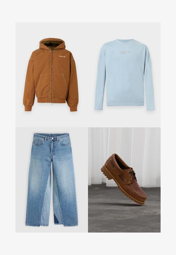 Hnedé zipsové mikina s podšitým kapucňou, prednými vreckami, rebrovanými manžetami a kontrastným šitím. Logo Timberland na hrudi.; Svetlomodré tričko s dlhým rukávom a okrúhlym výstrihom, s logom CAP v reliéfnych písmenách umiestneným v strede na hrudi.; Modré džínsové nohavice s rovnými nohavicami, klasický dizajn s piatimi vreckami a predným zapínaním na gombíky, zobrazené položené na neutrálnej ploche.; Hnedá kožená lodná obuv s čiernymi šnúrkami, béžovým prešívaním a robustnou podrážkou, zavesená nad sivou betónovou podlahou.