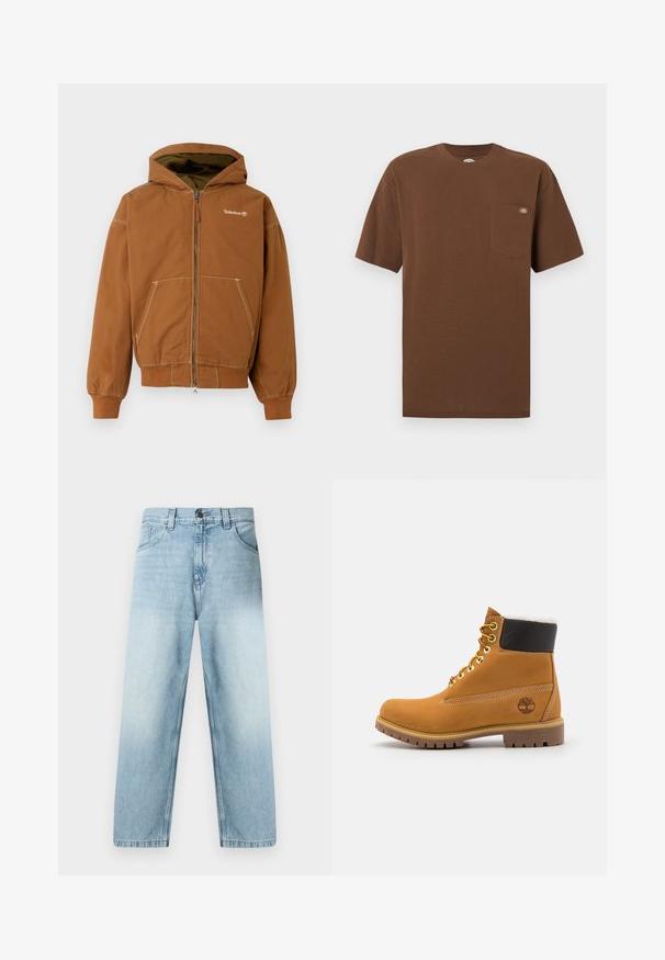 Hnedé zipsové mikina s podšitým kapucňou, prednými vreckami, rebrovanými manžetami a kontrastným šitím. Logo Timberland na hrudi.; Hnedé krátke tričko z bavlny s krátkym rukávom, s ľavým náprsníkom, na ktorom je malá okrúhla logo nášivka.; Svetlomodré džíny s rovnými nohavicami majú vybledlý vzhľad, dizajn s piatimi vreckami a viditeľné švy pozdĺž švov. Materiál bavlnený denim.; Hnedé kožené ankle boot s kovovými očkami, bielym kožúškom vo vnútri, čiernym vypolstrovaným golierom, robustnou podrážkou a vyrazeným logom na boku.