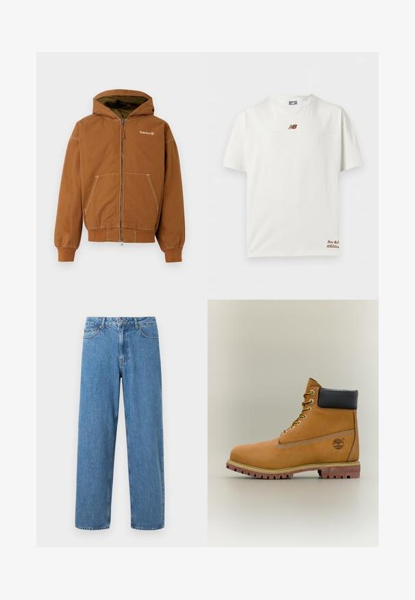 Haut à capuche zippé marron avec une capuche doublée, poches avant, poignets côtelés et coutures contrastées. Logo Timberland sur la poitrine.; T-shirt blanc à manches courtes avec un petit logo New Balance marron sur la poitrine et le texte "New Balance Athletics" près de l'ourlet inférieur.; Jean en denim bleu clair avec une coupe droite, taille haute et design à cinq poches. Présente une fermeture à bouton et à glissière, avec des coutures visibles.; Bottine en cuir marron avec col noir, lacets jaunes et semelle beige. Présente un logo et des détails de couture blanche. Semelle extérieure à traction robuste.