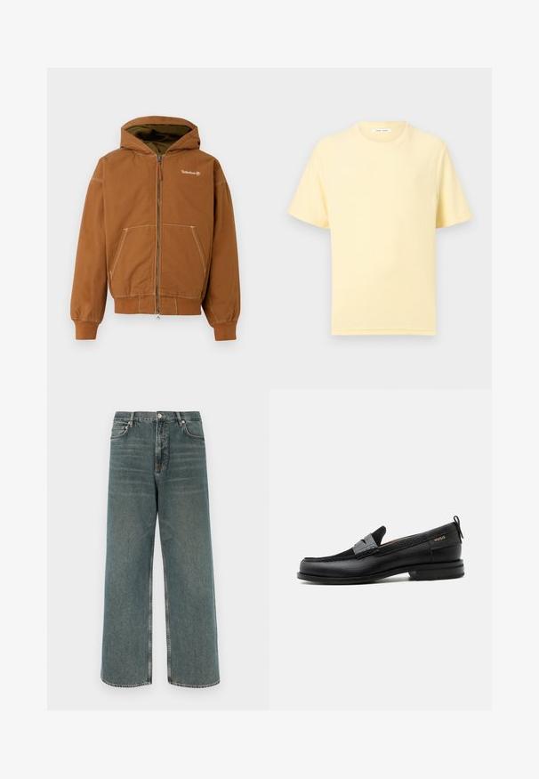 Hnedé zipsové mikina s podšitým kapucňou, prednými vreckami, rebrovanými manžetami a kontrastným šitím. Logo Timberland na hrudi.; Mäkké žlté tričko s krátkym rukávom a okrúhlym výstrihom, voľný strih na jednoduchom svetlom pozadí.; Džínsy s širokými nohavicami v bledomodrej farbe, s päť vreckovým dizajnom, zapínaním na gombík a kontrastným prešívaním. Textúrované, s mierne opotrebovaným vzhľadom.; Čierny kožený mokasín so sivým remienkom, nízkym podpätkom a textúrovanou podrážkou, so značkou "HUGO" v zlatej farbe na boku.