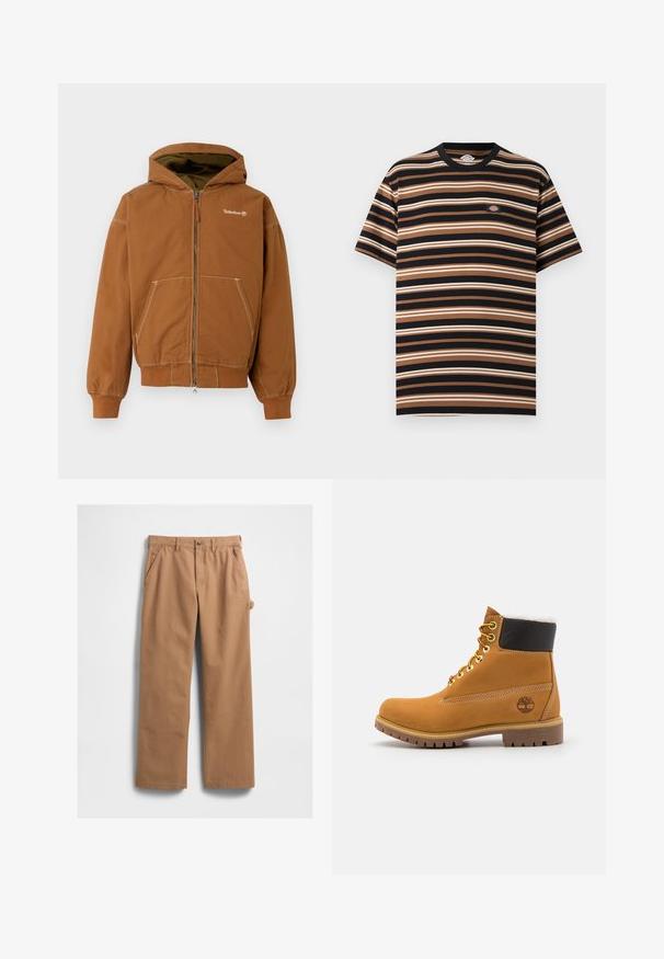 Hnedé zipsové mikina s podšitým kapucňou, prednými vreckami, rebrovanými manžetami a kontrastným šitím. Logo Timberland na hrudi.; Tričko s krátkym rukávom s horizontálnymi pruhmi v čiernej, hnedej a béžovej farbe, s malou nášivkou s logom Dickies na hrudi.; Béžové bavlnené nohavice s rovnými nohavicami, s bočnými vreckami a bočným vreckom na náradie. Textúra látky je hladká a pevná.; Hnedé kožené ankle boot s kovovými očkami, bielym kožúškom vo vnútri, čiernym vypolstrovaným golierom, robustnou podrážkou a vyrazeným logom na boku.