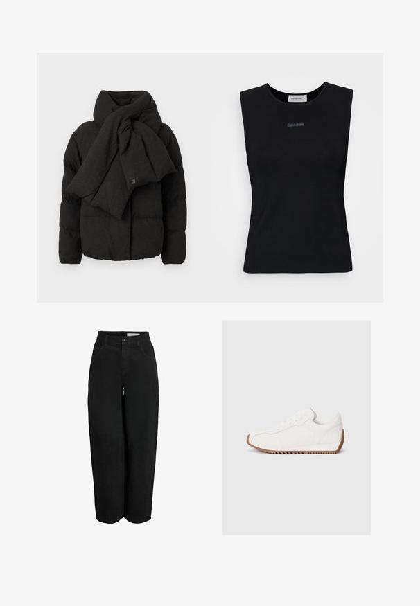 Chaqueta de plumas negra con un gran cuello retorcido en forma de bufanda. Presenta un diseño acolchado y un pequeño logo en la parte delantera. Textura suave.; Top negro sin mangas de tejido suave. Presenta un cuello redondo y un pequeño logo de Calvin Klein en el centro. Diseño simple y ajustado.; Pantalones de pierna ancha negros hechos de tela de algodón texturizado, con cierre de botón, trabillas para cinturón y cuatro bolsillos.; Zapatilla blanca con parte superior de cuero liso, suela de goma texturizada, punta redondeada y detalles de costura sutiles. Suela exterior de goma marrón en contraste.