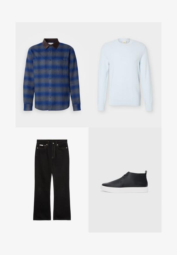 Blau- und grau kariertes Hemd mit einem braunen Wildlederkragen, langen Ärmeln, Knopfverschluss vorne und zwei Brusttaschen. Subtile Textur im Stoff.; Hellblauer, langärmliger Strickpullover mit Rundhalsausschnitt und strukturiertem Muster, vor einem schlichten weißen Hintergrund präsentiert.; Schwarze Jeans mit geradem Bein, oranger Naht, fünf Taschen, Knopfverschluss und kleinem Calvin Klein-Label auf der vorderen rechten Tasche.; Schwarze Leder-Hohe Sneaker mit glatter Oberfläche, weißer Gummisohle und einfachem Schnürdesign. Verfügt über eine Zuglasche an der Rückseite.