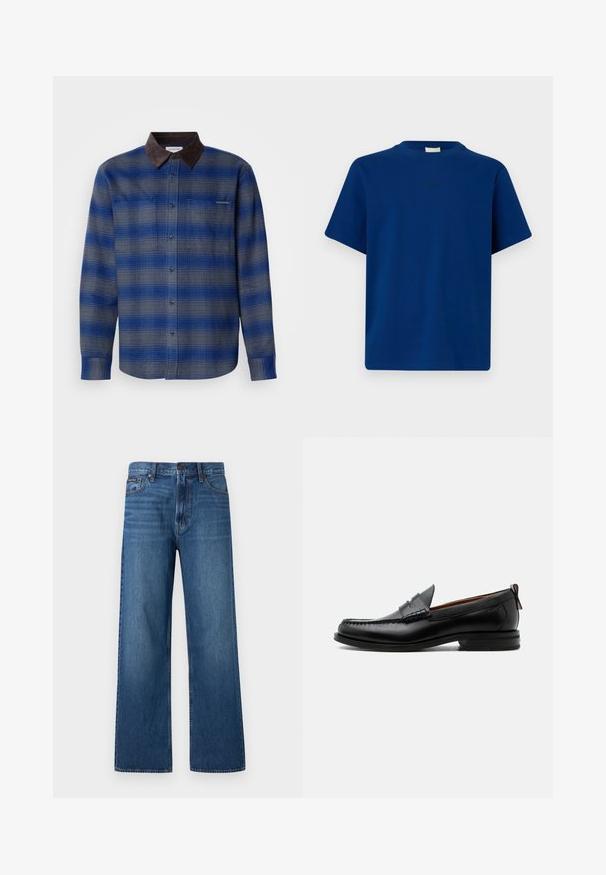 Blau- und grau kariertes Hemd mit einem braunen Wildlederkragen, langen Ärmeln, Knopfverschluss vorne und zwei Brusttaschen. Subtile Textur im Stoff.; Schlichtes blaues T-Shirt mit kurzen Ärmeln, Rundhalsausschnitt und dezentem kleinem Logotext mittig auf der Brust vor einfarbigem Hintergrund.; Blaue, hoch taillierte Jeans mit geradem Bein, Frontknopf und Reißverschluss, fünf Taschen und einem kleinen Markenpatch auf der rechten Tasche.; Schwarzer Leder-Herrenschuh mit Mokassinnaht, Penny-Riemen, strukturiertem Kragen und niedrigem gestapeltem Absatz auf weißem Hintergrund.
