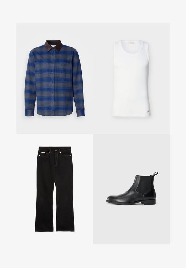 Blauw en grijs geruite shirt met een bruine suede kraag, lange mouwen, knoopsluiting aan de voorkant en twee borstzakken. Subtiele textuur in de stof.; Witte geribbelde mouwloze tanktop met ronde halslijn en een klein Calvin Klein-logo labeltje bij de zoom op een effen achtergrond.; Zwarte jeans met rechte pijpen, oranje stiksels, vijf zakken, knoopsluiting en een klein Calvin Klein-label op de voorste rechterzak.; Zwarte leren enkelboot met elastische zijpanelen, ronde neus en een trekhaak. Gladde textuur, platte zool, minimalistisch ontwerp.