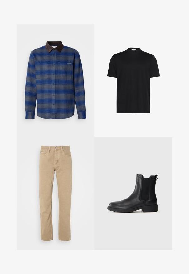 Blau- und grau kariertes Hemd mit einem braunen Wildlederkragen, langen Ärmeln, Knopfverschluss vorne und zwei Brusttaschen. Subtile Textur im Stoff.; Schwarzes T-Shirt mit kurzem, hohem Kragen. Aus weichem Stoff gefertigt, verfügt es über kurze Ärmel und eine lässige Passform ohne auffällige Muster oder Akzente.; Beige Baumwollhose mit geradem Bein, ausgestattet mit Fronttaschen, einem Knopfverschluss und dezenten Nähten entlang der Säume.; Schwarze Leder-Stiefelette mit elastischen Seiteneinsätzen, Zugschlaufe an der Ferse und niedrigem Blockabsatz vor einem schlichten Hintergrund.