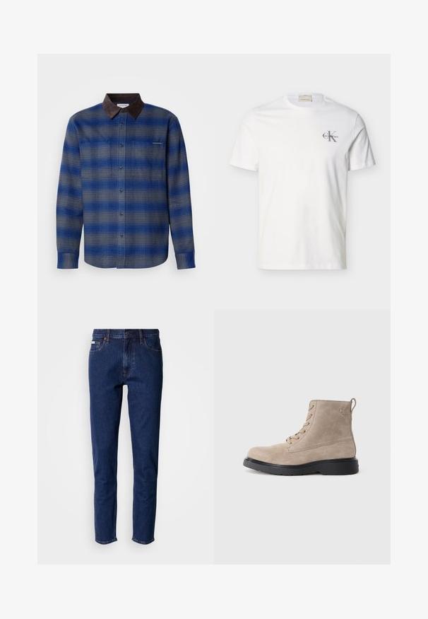 Blå og grå ternet skjorte med en brun ruskindskrave, lange ærmer, knaplukning foran og to brystlommer. Subtil struktur i stoffet.; Hvid kortærmet T-shirt i bomuld med lille gråt "Calvin Klein"-logo på venstre bryst, rund hals og almindelig pasform.; Mørkeblå denimjeans med lige ben, der har fem lommer, kobbernitter og en klassisk taljebånd med knaplukning.; Beige ruskindsankelstøvler med sort gummisål, snørelukning og et lille logo præget på siden, med en løftestrop bagpå.