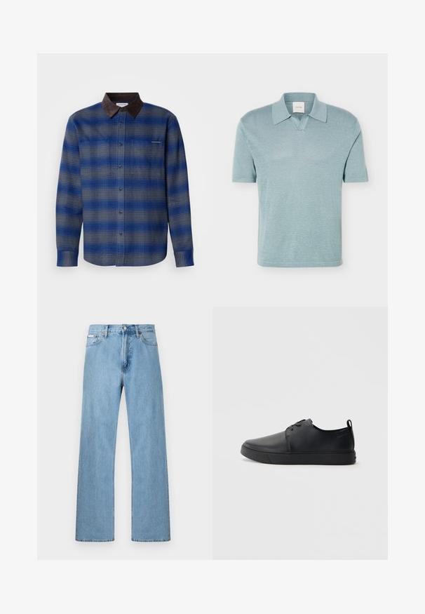 Blau- und grau kariertes Hemd mit einem braunen Wildlederkragen, langen Ärmeln, Knopfverschluss vorne und zwei Brusttaschen. Subtile Textur im Stoff.; Hellblaues, kurzärmliges Strick-Poloshirt mit offenem Kragen und kleinem V-Ausschnitt, auf weißem Hintergrund dargestellt.; Hellblaue gerade geschnittene Jeans im Five-Pocket-Design mit Knopfverschluss an der Taille, präsentiert vor einem schlichten Hintergrund.; Schwarze Leder-Sneaker mit glatter Oberfläche, abgerundeter Zehenpartie, gleichfarbiger Nähte, schnürbarem Vorderteil und flacher Gummisohle. Schlaufe an der Ferse.