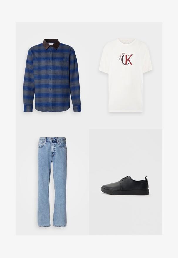 Blå og grå ternet skjorte med en brun ruskindskrave, lange ærmer, knaplukning foran og to brystlommer. Subtil struktur i stoffet.; Hvid t-shirt med korte ærmer og sort-rødt Calvin Klein "CK" logo centreret på brystet.; Lyseblå denimjeans med lige ben design, fem lommer og knaplukning. Syninger nær lommer og talje.; Sorte lædersneakers med en glat finish, rund tå, tonalt syning, snøring foran og en flad gummisål. Løkke ved hælen.
