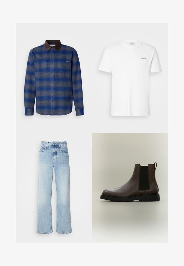 Blå og grå ternet skjorte med en brun ruskindskrave, lange ærmer, knaplukning foran og to brystlommer. Subtil struktur i stoffet.; Hvid bomulds T-shirt med korte ærmer og rund halsudskæring. Har et lille sort "Calvin Klein" logo på venstre bryst.; Lysblå vide jeans med høj talje, der har en falmet finish, bæltestropper og klassisk fem-lomme design. Kantene er rå.; Brun læder Chelsea-støvle med sort elastisk sidepanel og trækflig, flad sort sål og diskret præget logo nær anklen.