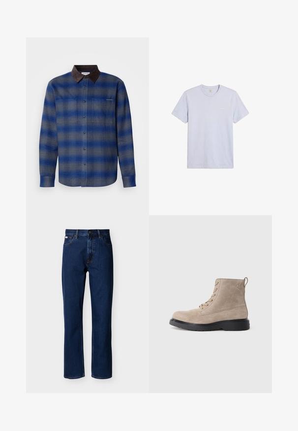 Blau- und grau kariertes Hemd mit einem braunen Wildlederkragen, langen Ärmeln, Knopfverschluss vorne und zwei Brusttaschen. Subtile Textur im Stoff.; Schlichtes hellgraues T-Shirt mit kurzen Ärmeln und Rundhalsausschnitt, mit kleinem weißem Calvin Klein Logo auf der linken Brust.; Dunkelblaue, gerade geschnittene Jeans aus Denim, mit klassischem Fünf-Taschen-Design, dezenter Nahtführung und vorderer Knopfverschluss.; Beige Wildleder-Ankle Boots mit schwarzer Gummisohle, Schnürdesign und kleinem, seitlich eingeprägtem Logo, ausgestattet mit einer Zuglasche am Hinterkopf.