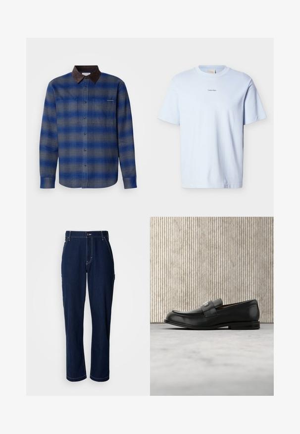 Blau- und grau kariertes Hemd mit einem braunen Wildlederkragen, langen Ärmeln, Knopfverschluss vorne und zwei Brusttaschen. Subtile Textur im Stoff.; Hellblaues Baumwoll-T-Shirt mit rundem Ausschnitt und kurzen Ärmeln, versehen mit einem kleinen schwarzen "Calvin Klein"-Logo auf der Brust.; Dunkelblaue Jeanshose mit geradem Schnitt, verstärkten Nähten und Seitentaschen. Verfügt über einen Knopfverschluss und eine leichte Textur.; Schwarzer Lederloafer mit einer Metallmarkenplatte, der nahe einem braunen runden Tisch auf beigem Teppichboden ruht.