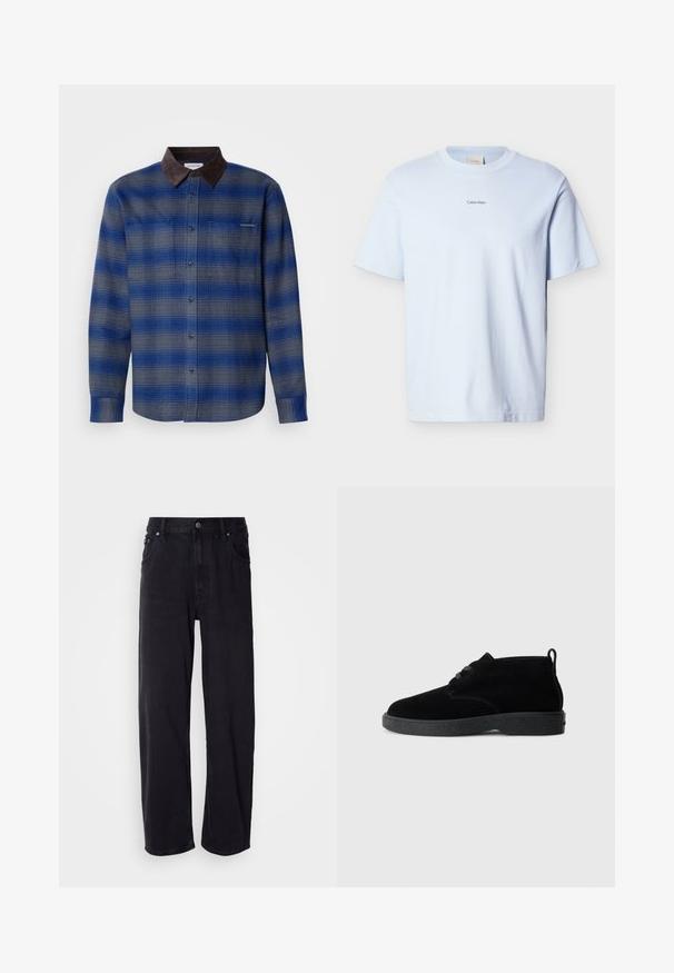 Blå og grå ternet skjorte med en brun ruskindskrave, lange ærmer, knaplukning foran og to brystlommer. Subtil struktur i stoffet.; Lyseblå bomuld T-shirt med rund hals og korte ærmer, med en lille "Calvin Klein"-logo trykt i sort på brystet.; Sorte denimjeans med løs pasform, der har høj talje, fem lommer og metalknapper. Stoffet har en mat tekstur.; Sorte ruskindsankelstøvler med rund tå, snørebåndsdesign, sort gummisål og en sløjfe bag på for nem påtagning.