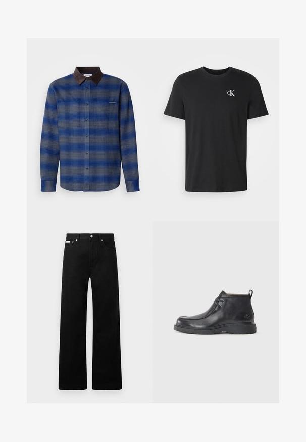Blå og grå ternet skjorte med en brun ruskindskrave, lange ærmer, knaplukning foran og to brystlommer. Subtil struktur i stoffet.; Sort t-shirt med korte ærmer og rund halsudskæring samt lille hvid "cK"-logo på øverste venstre bryst.; Sorte denimbukser med bred ben-design, der har fem lommer og metallisk knapdetalje. Glat tekstur, uden synlige mønstre.; Sorte læder ankelstøvler med rund tå, snørelukning og en løkke bagpå. Tekstureret overdel og gummisål.