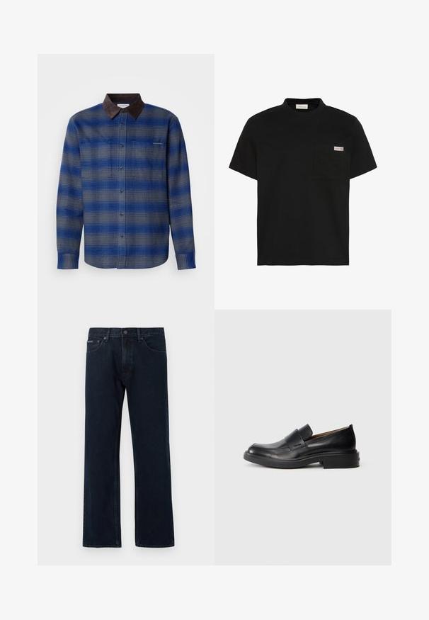 Blau- und grau kariertes Hemd mit einem braunen Wildlederkragen, langen Ärmeln, Knopfverschluss vorne und zwei Brusttaschen. Subtile Textur im Stoff.; Schwarzes T-Shirt mit kurzen Ärmeln und einer Brusttasche auf der linken Seite mit einem kleinen Calvin Klein Logo-Patch.; Dunkelblaue Jeans mit geradem Bein, vorderer Knopf- und Reißverschluss, vorderen Taschen und Gürtelschlaufen.; Schwarze Leder-Pantoletten mit niedrigem Absatz und dezentem Calvin Klein-Logo an der Seite, im Profil vor einem weißen Hintergrund dargestellt.