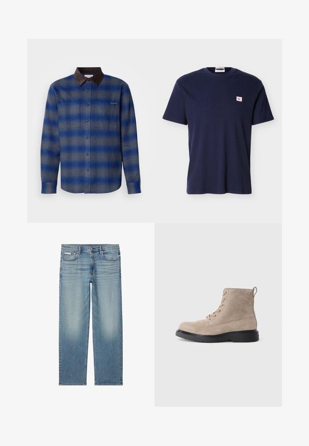 Blau- und grau kariertes Hemd mit einem braunen Wildlederkragen, langen Ärmeln, Knopfverschluss vorne und zwei Brusttaschen. Subtile Textur im Stoff.; Marineblaues, kurzärmeliges, geripptes T-Shirt mit rundem Ausschnitt und kleinem Calvin Klein Logo-Patch auf der linken Brust.; Hellblaue Jeans mit geradem Bein, ausgewaschenen Details, vorderem Knopf und Reißverschluss sowie einem Fünf-Taschen-Design inklusive kleinem Calvin Klein Label auf der Tasche.; Beige Wildleder-Ankle Boots mit schwarzer Gummisohle, Schnürdesign und kleinem, seitlich eingeprägtem Logo, ausgestattet mit einer Zuglasche am Hinterkopf.