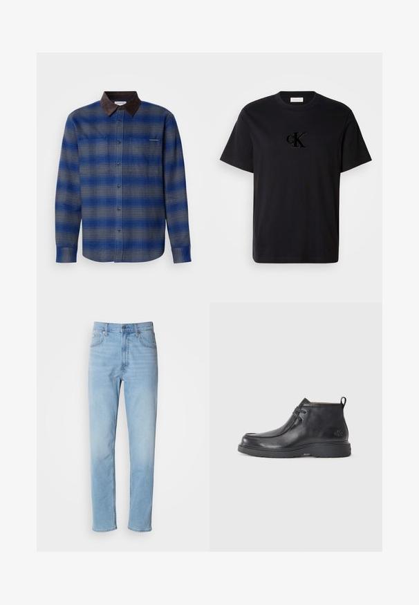 Blauw en grijs geruite shirt met een bruine suede kraag, lange mouwen, knoopsluiting aan de voorkant en twee borstzakken. Subtiele textuur in de stof.; Zwarte katoenen T-shirt met een gestructureerd geborduurd "cK" logo op de borst. Klassieke ronde halslijn, korte mouwen en een rechte zoom.; Lichtblauwe denim jeans met een rechte pasvorm, vijf zakken en riemlussen. De stof heeft een gladde textuur met een lichte vervaging.; Zwarte leren enkellaarsjes met een ronde neus, vetersluiting en een lipje aan de achterkant. Geribbelde bovenkant en rubberen zool.