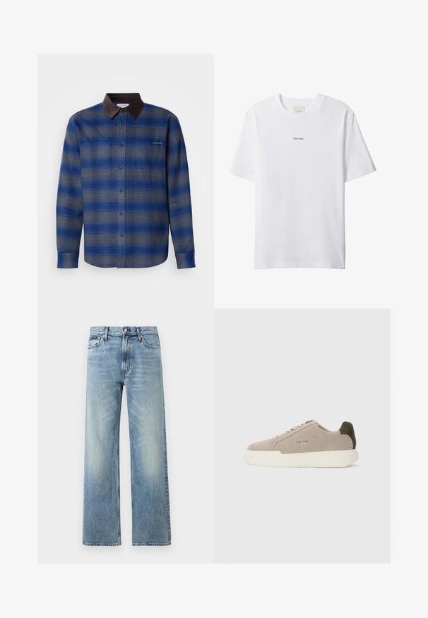 Blå og grå ternet skjorte med en brun ruskindskrave, lange ærmer, knaplukning foran og to brystlommer. Subtil struktur i stoffet.; Hvid bomuld t-shirt med rund hals og korte ærmer. Har en lille sort "Calvin Klein"-logo centreret på brystet.; Lyseblå denim jeans med lige ben, højt talje, fem lommer, knaplukning og diskrete falmede områder på lår og knæ.; Beige ruskinds sneakers med en hvid gummisål, der har en mørkegrøn hælaccent og subtil branding på siden.