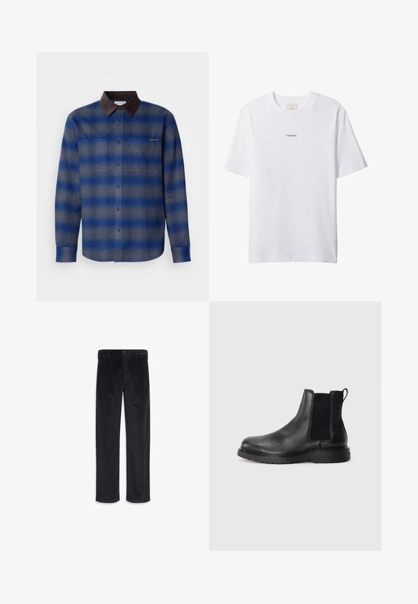 Blauw en grijs geruite shirt met een bruine suede kraag, lange mouwen, knoopsluiting aan de voorkant en twee borstzakken. Subtiele textuur in de stof.; Witte katoenen T-shirt met een ronde hals en korte mouwen. Heeft een klein zwart "Calvin Klein"-logo in het midden van de borst.; Zwarte corduroy broek met rechte pijpen, knoop- en ritssluiting, riemlussen en zijzakken.; Zwarte leren Chelsea boots met een gestructureerde afwerking, elastische zijpanelen en een stevige rubberen zool. Subtiele branding op de hiel.