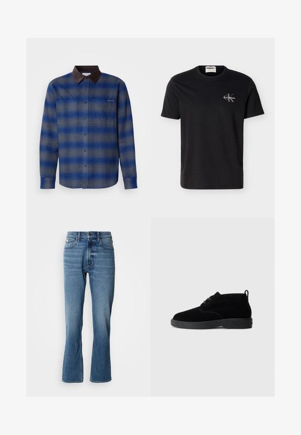 Blå og grå ternet skjorte med en brun ruskindskrave, lange ærmer, knaplukning foran og to brystlommer. Subtil struktur i stoffet.; Sort T-shirt med korte ærmer og rund hals med lille gråt Calvin Klein "CK"-logo og hvid tekst på venstre bryst.; Lyseblå denim jeans med lige pasform og let flare. Har fem lommer, knaplukning og subtile slidte detaljer.; Sorte ruskindsankelstøvler med rund tå, snørebåndsdesign, sort gummisål og en sløjfe bag på for nem påtagning.