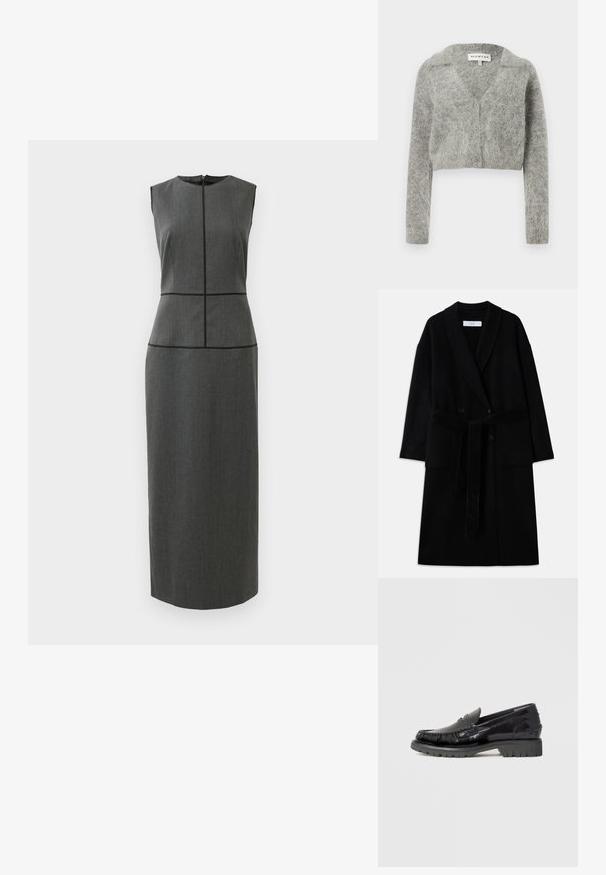 Sort uldblandingsfrakke med sjalkrave, dobbeltradet design, to forlommer og bælte med selvbinding. Glat tekstur og moderne snit.; Grå cropped cardigan lavet af en blød uldblanding. Har V-hals, lange ærmer og fire knapper foran.; Ärmløs mørkegrå maxikjole med sorte lodrette og vandrette sømdetaljer, tætsiddende talje og rund halsudskæring.; Sort læderloafer med en overdel i mokkasinstil, tekstureret frynsedetalje og en tyk sort gummisål. Glat finish, afrundet tå.