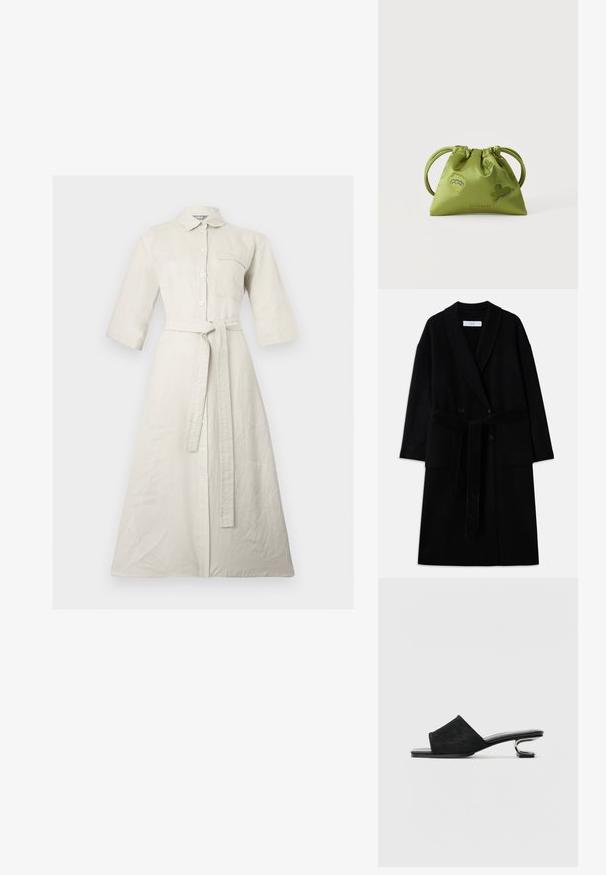 Abrigo negro de mezcla de lana con cuello chal, diseño de doble botonadura, dos bolsillos frontales y un cinturón de la misma tela para anudar. Textura suave y corte moderno.; Vestido camisa largo beige con mangas tres cuartos, botones frontales, bolsillo en el pecho, cuello y cinturón del mismo tejido anudado en la cintura.; Las sandalias de ante negro cuentan con una banda ancha, punta abierta y un tacón metálico escultórico. Suela plana y suave con textura mínima.; Bolso verde con cordón y dos asas, decorado con formas abstractas azules y verdes bordadas, sobre un fondo blanco liso.