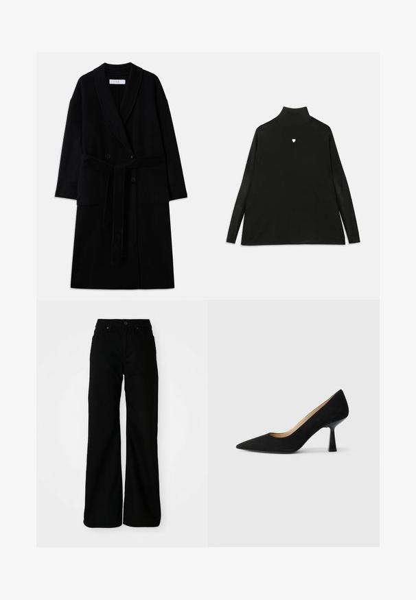 Sort uldblandingsfrakke med sjalkrave, dobbeltradet design, to forlommer og bælte med selvbinding. Glat tekstur og moderne snit.; Sort turtleneck sweater med lange ærmer, prydet med et lille hvidt hjerteemblem på brystet. Blødt stof og afslappet pasform.; Sorte vide bukser lavet af denimstof. Har en tætsiddende talje, frontlommer og en knaplukning. Glat tekstur med minimal detaljering.; Sorte ruskinds højhælede pumps med spids tå, der har en blank sort blokhæl og en glat indvendig foring.