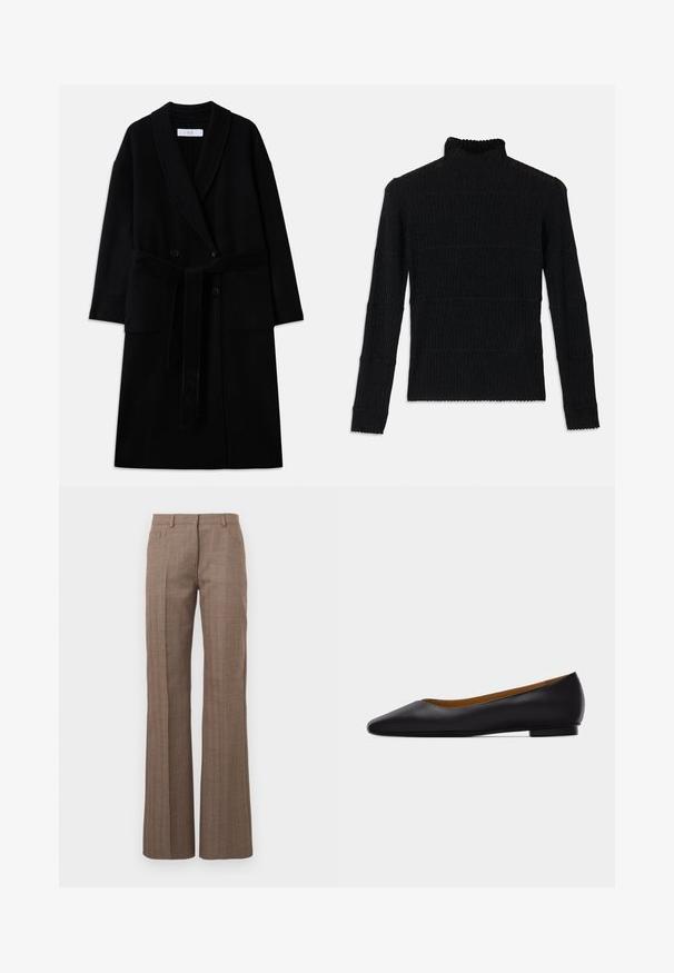 Sort uldblandingsfrakke med sjalkrave, dobbeltradet design, to forlommer og bælte med selvbinding. Glat tekstur og moderne snit.; Sort ribbet turtleneck sweater med lange ærmer og en tekstureret overflade. Fremstår med vandrette striber og en bølget kant ved ærmerne.; Brune ternede bukser med bred bendesign, forhåndslommer og en tekstureret finish, der har et subtilt mønster i hele stoffet.; Sort læder flad sko med spids tå, lav hæl og glat finish, vist fra siden på en lysegrå baggrund.