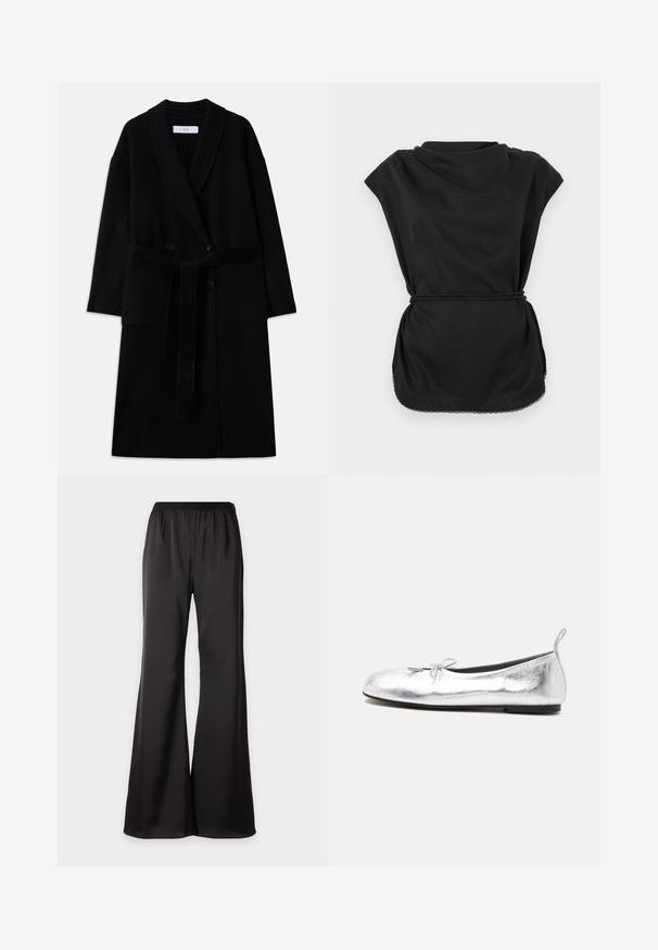 Manteau noir en mélange de laine avec col châle, design à double boutonnage, deux poches avant et une ceinture à nouer. Texture lisse et coupe moderne.; Haut noir sans manches avec un col drapé, une ceinture cintrée à la taille et une bordure en dentelle le long de l'ourlet courbé sur un fond blanc.; Pantalon noir à jambes larges avec taille élastique, en tissu lisse et fluide, présenté sur un fond blanc uni.; Chaussure ballerine plate métallisée argentée avec un petit nœud à l'avant, semelle noire et languette à la cheville, vue de côté.