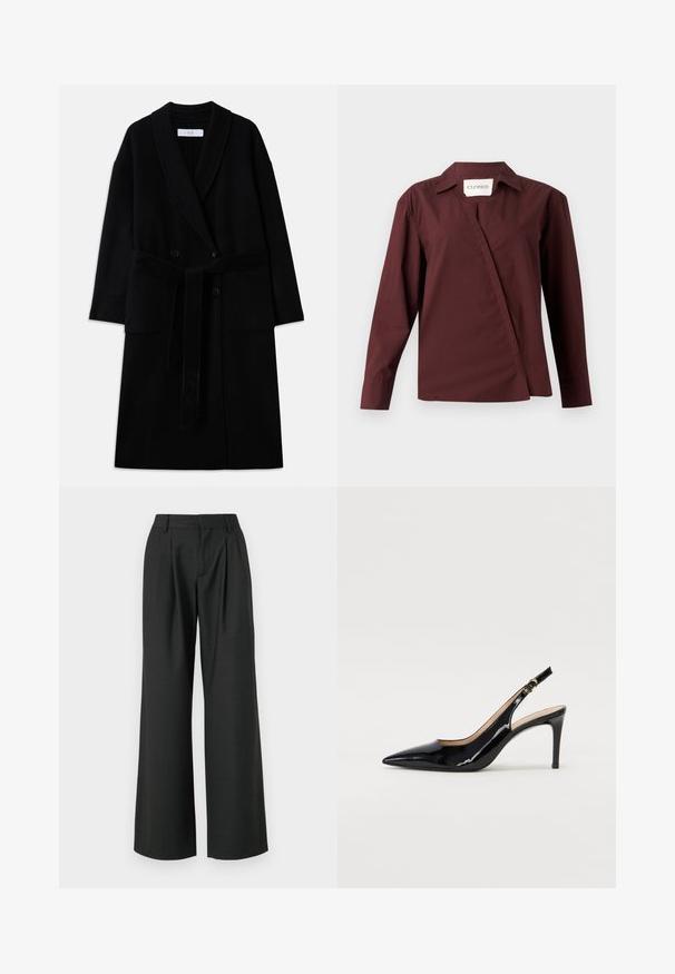 Abrigo negro de mezcla de lana con cuello chal, diseño de doble botonadura, dos bolsillos frontales y un cinturón de la misma tela para anudar. Textura suave y corte moderno.; CLOSED ASYMMETRIC SHIRT - Blusa - dark raisin red; Won Hundred CAMILLE TROUSERS - Pantalones - licorice; Zapatos de charol negro con tirante al tobillo, punta afilada, tacón delgado y un diseño de corte sutil. Presenta una hebilla dorada en la correa.
