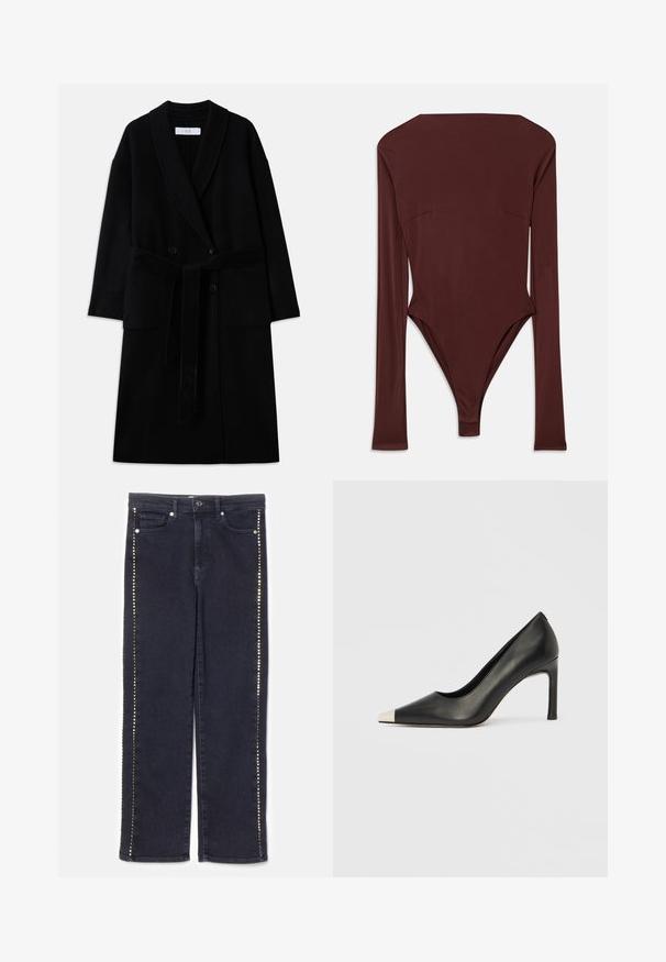 Sort uldblandingsfrakke med sjalkrave, dobbeltradet design, to forlommer og bælte med selvbinding. Glat tekstur og moderne snit.; Mørkebrun langærmet bodystocking med høj halsudskæring og tætsiddende silhuet, lagt fladt på en hvid baggrund.; Mørke denim jeans med lige ben-design og en række af metalliske nitter langs sidesømmene, der giver et særpræget accent.; Sort læder højhælet sko med spids tå og metal-sølv hætte. Har en glat finish og en slank hæl på 10 cm.