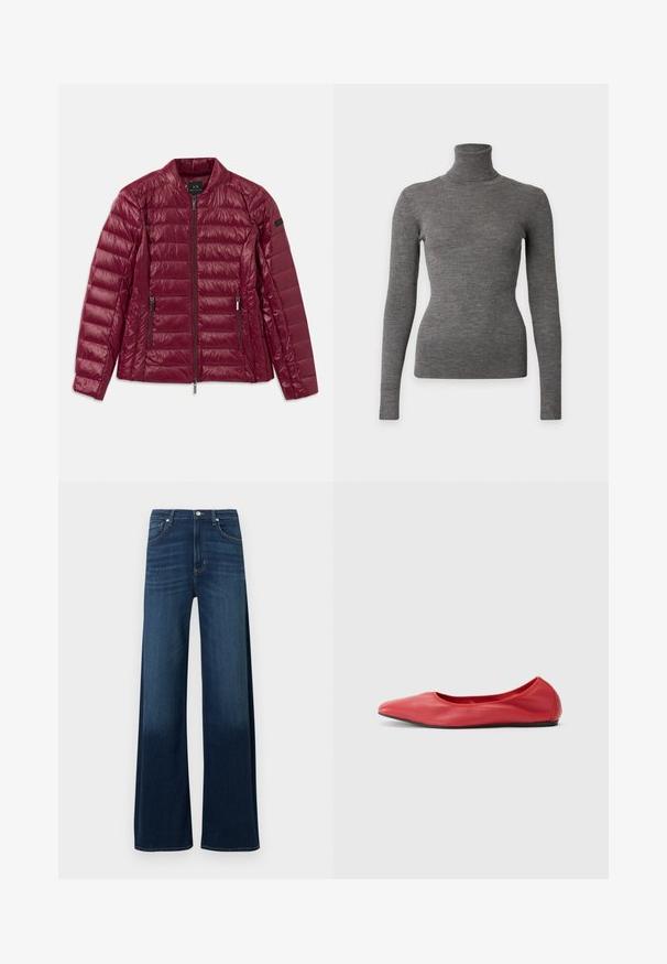 Veste matelassée bordeaux avec fermeture éclair à l'avant, col montant, deux poches latérales et texture en nylon lisse et brillante. Design matelassé horizontal.; Pull gris ajusté en maille côtelée à manches longues avec col roulé haut et silhouette fine sur fond uni.; Jean à jambes larges en denim bleu foncé. Caractéristiques : taille haute, cinq poches, légères décolorations et surpiqûres décoratives le long des coutures.; Filippa K REY FLATS - Ballerines - bright red