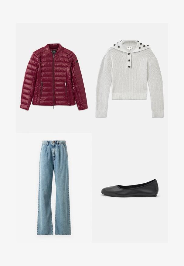 Bordeaux gewatteerde jas met rits, opstaande kraag, twee zijzakken en een gladde, glanzende nylon textuur. Horizontaal gestikt ontwerp.; Lichtgrijze, geribbelde gebreide trui met een cropped ontwerp, verbonden door een knoopsluiting en een capuchon versierd met bloemvormige accenten.; Lichtblauwe high waist wijde jeans gemaakt van denim, met een knoopsluiting, prominente plooien en gestikte zakken.; Zwarte leren ballerina met een ronde neus, gladde textuur, minimale stikdetails en een flexibele zoolontwerp.