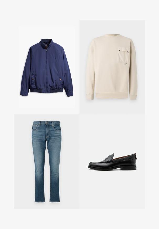 Marineblauwe jas met een rits aan de voorkant, staande kraag en elastische manchetten. Heeft twee zijzakken met knoopsluitingen en een geruite voering.; Barbour LEAZES CREW NECK - Sweater - ecru; Lichtblauwe denim jeans met een rechte pijpontwerp, voorzien van een ritssluiting, knoopsluiting en een vijf-pocketstijl met subtiele vervaging.; Zwarte leren herensloffen met moc toe stiksel, pennyriem, gestructureerde kraag en lage gestapelde hak op witte achtergrond.