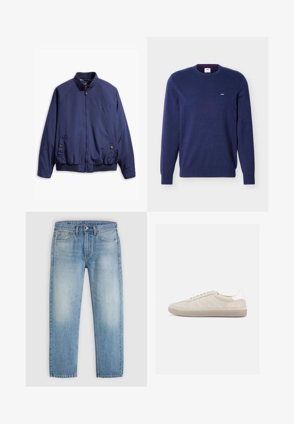 Chaqueta azul marino con cierre frontal, cuello alzado y puños elásticos. Cuenta con dos bolsillos laterales con cierre de botón y un forro a cuadros.; Jersey de cuello caja de Levi's en azul marino con mangas largas y pequeño logo blanco de Levi's en el pecho izquierdo.; Vaqueros de mezclilla azul claro con un diseño clásico de cinco bolsillos y zonas desgastadas en los muslos, colocados planos sobre un fondo neutro.; Zapatilla beige de ante con parte superior texturizada, contrafuerte de talón blanco liso, cordones finos y suela de goma. Presenta un diseño de perfil bajo.