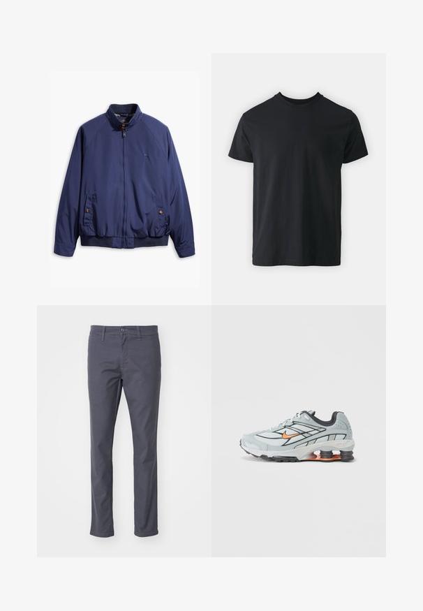 Marineblaue Jacke mit einem Reißverschluss vorne, Stehkragen und elastischen Bündchen. Verfügt über zwei seitliche Taschen mit Knopfverschluss und ein kariertes Futter.; Schwarzes Baumwoll-T-Shirt mit kurzen Ärmeln, Rundhalsausschnitt und lässiger Passform. Glatte Textur und gerader Saum, keine sichtbaren Grafiken oder Muster.; Dunkelgraue Chinos aus einem Baumwollmischgewebe. Mit Knopf- und Reißverschluss, Gürtelschlaufen und geradem Beinschnitt.; Hellgrauer Laufschuh mit schwarzen Akzenten, orangefarbenem Logo, Mesh-Obermaterial, gepolstertem Schaft und Gummisohle mit sichtbaren stoßdämpfenden Einheiten.