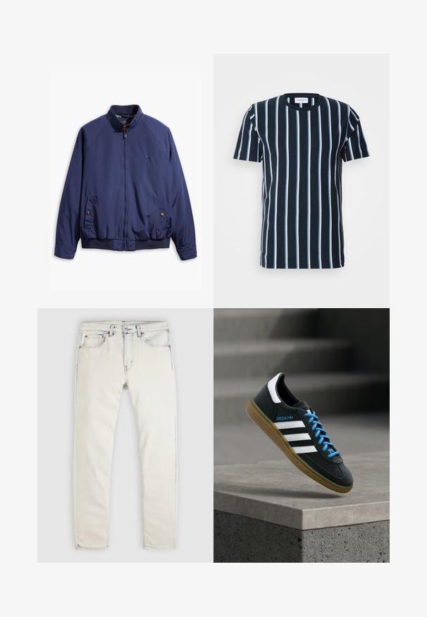 Chaqueta azul marino con cierre frontal, cuello alzado y puños elásticos. Cuenta con dos bolsillos laterales con cierre de botón y un forro a cuadros.; Camiseta de rayas marinas con rayas blancas verticales, un cuello redondo, mangas cortas y un corte relajado. Tela de algodón suave.; Vaqueros de mezclilla de color claro con un diseño de pierna recta. Incluyen cinco bolsillos, botones de metal y un desgaste sutil a lo largo de las costuras.; Zapatilla negra Adidas con franjas blancas, cordones azules y suela de goma flotando sobre un escalón de hormigón gris con luz suave.