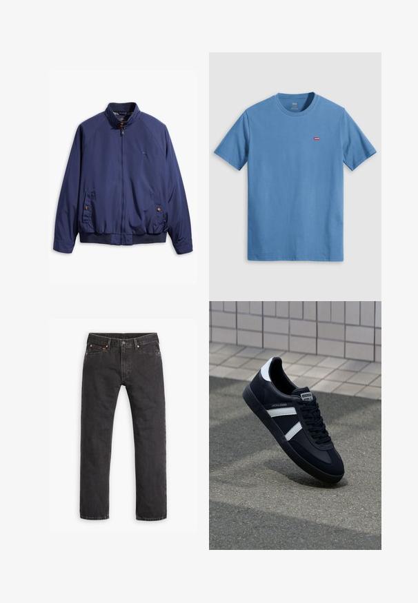 Chaqueta azul marino con cierre frontal, cuello alzado y puños elásticos. Cuenta con dos bolsillos laterales con cierre de botón y un forro a cuadros.; Camiseta sencilla de algodón azul de manga corta con cuello redondo y un pequeño logo rojo de Levi's en el pecho izquierdo.; Jeans de mezclilla negros de pierna recta con cinco bolsillos, cierre de botón y remaches de cobre, dispuestos en plano sobre un fondo blanco.; Zapatilla de cuero negra con rayas blancas, suela de goma texturizada y parte frontal con cordones. Cuenta con una etiqueta de marca en la lengüeta.