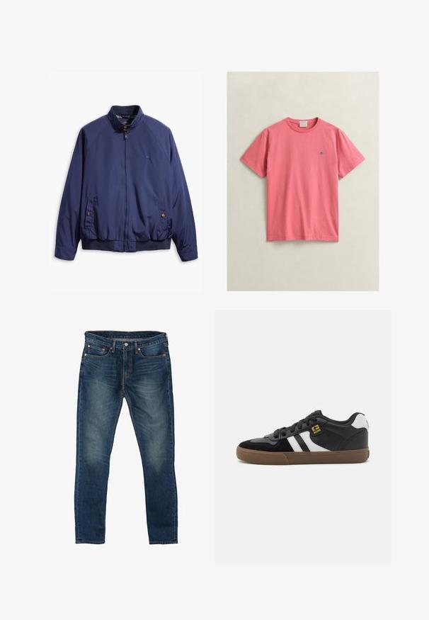 Marineblauwe jas met een rits aan de voorkant, staande kraag en elastische manchetten. Heeft twee zijzakken met knoopsluitingen en een geruite voering.; Effen roze katoenen T-shirt met korte mouwen, klein Gant-logo op de linkerborst en een ronde halslijn op een lichte achtergrond.; Blauwe slim-fit spijkerbroek met vijf zakken en vervaagde plekken op de dijen en knieën.; Zwart-witte sneakers met een bovenwerk van suède en leer, voorzien van witte strepen, zwarte veters en een bruine rubberen zool. Gouden logo-accenten.