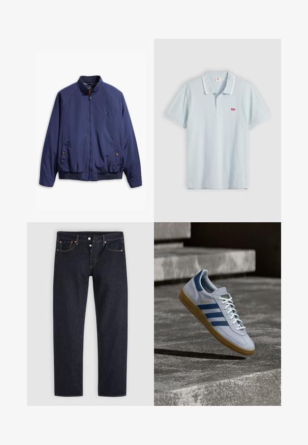 Chaqueta azul marino con cierre frontal, cuello alzado y puños elásticos. Cuenta con dos bolsillos laterales con cierre de botón y un forro a cuadros.; Polo de manga corta azul claro con dobles rayas blancas en el cuello y pequeño logo rojo de Levi's en el pecho, presentado extendido.; Vaqueros azul oscuro de pierna recta con bragueta de botones, bolsillos delanteros y traseros, y detalles de remaches de cobre sobre un fondo gris claro.; Zapatilla Adidas Spezial azul claro con rayas azul marino y suela de goma, mostrada en el aire sobre escalones de hormigón en un entorno exterior neutral.