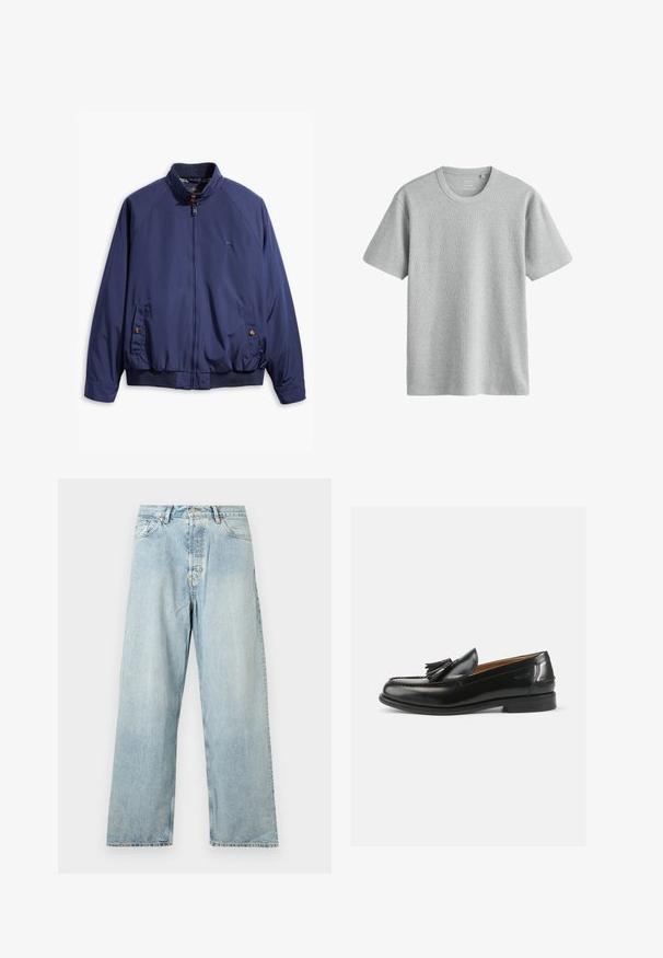 Marineblaue Jacke mit einem Reißverschluss vorne, Stehkragen und elastischen Bündchen. Verfügt über zwei seitliche Taschen mit Knopfverschluss und ein kariertes Futter.; Hellgraues T-Shirt mit kurzen Ärmeln und Rundhalsausschnitt, mit subtiler Rippenstruktur, flach auf weißem Hintergrund präsentiert.; Hellblaue, hoch taillierte, gerade geschnittene Jeans aus Denim mit vorderem Knopf, Reißverschluss und Fünf-Taschen-Design, dargestellt auf weißem Hintergrund.; Schwarze Leder Slipper mit einem Quastenakzent, runder Spitze und glatter Oberfläche. Die Sohle ist flach mit minimalem Profil.